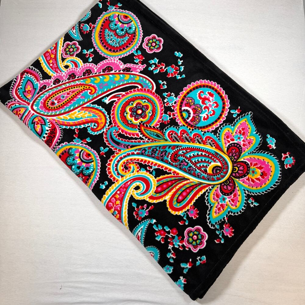Vera Bradley Black Paisley Floral Plush Fleece Throw Blanket 88x54 Multicolor XL